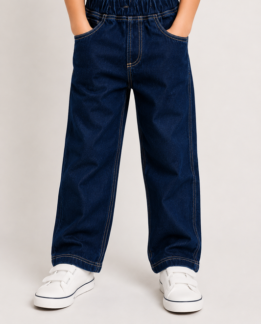 Kids Dark Blue Denim Jean Pants | Soft Elastic Waist Casual Jeans