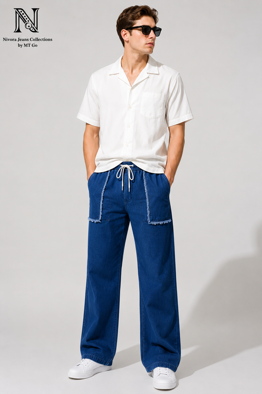 Nivora Men's Baggy Furr Front Pocket Stone Wash Denim Jeans - Adjustable Drawstring Wide Leg Baggy Fit (Light Blue & Dark Blue)