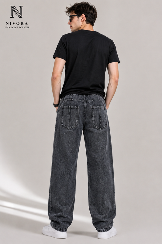 Nivora Jeans Men's Biglee Grey Stone Wash Baggy Denim Jeans – Adjustable Drawstring Wide Leg Relaxed Fit Casual Jeans