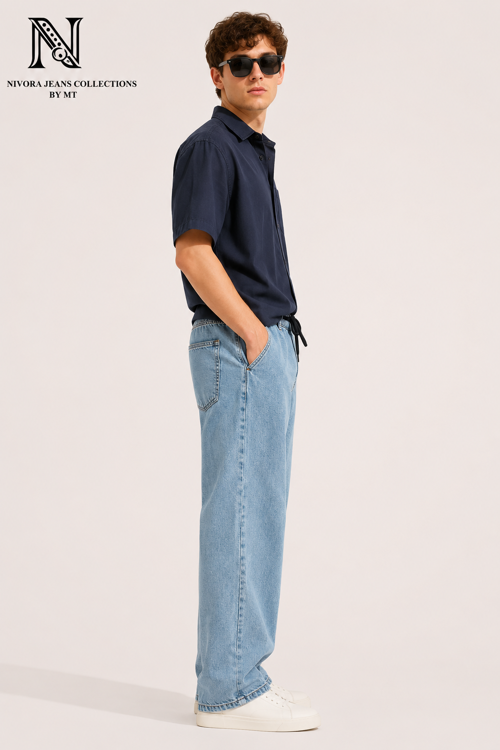 Nivora Men's Ice Blue Stone Wash Baggy Denim Jeans - Adjustable Drawstring Wide Leg Relaxed Fit Light Wash Jeans