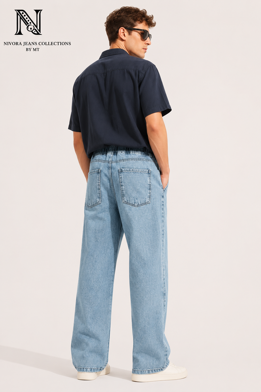 Nivora Men's Ice Blue Stone Wash Baggy Denim Jeans - Adjustable Drawstring Wide Leg Relaxed Fit Light Wash Jeans