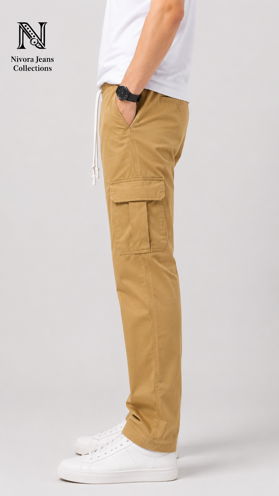 Nivora Jeans Camel Twill Cotton Cargo Pants for Men | 6 Pocket Drawstring Relaxed Fit Utility Trousers