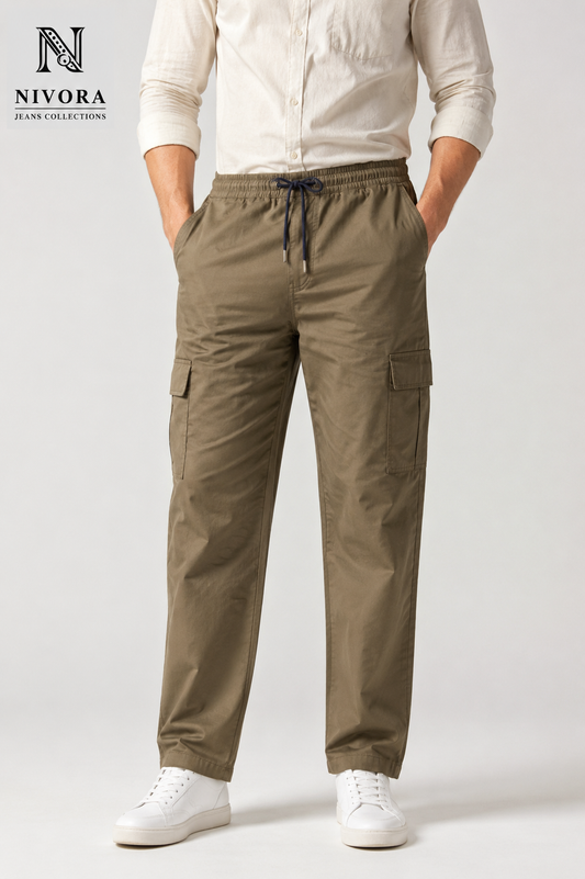 Premium Olive Twill Cotton Fabric and Durable Stitching on Nivora Cargo Jeans Front side