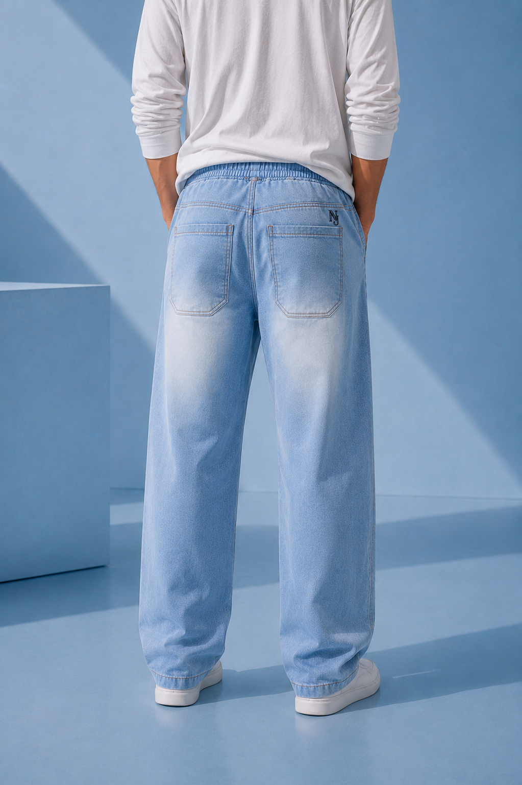 Light Sky Blue Wide Big Pocket Viscor Spray Denim Jeans for Men | Nivora Jeans Collections