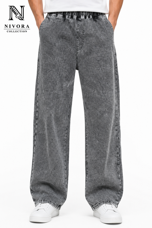 Front view of Nivora Grey Shade Loose Fit Denim Jeans Pants for Men showing premium washed grey denim fabric and relaxed fit.