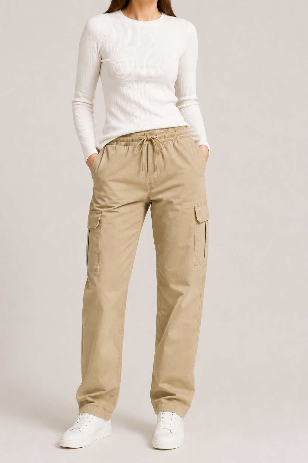 Women’s Cotton Twill Cargo Pants Loose Fit 6 Pocket Casual Trousers with Drawstring Waist – Olive Brown, Camel Khaki & Skin Cream | Nivora Jeans Collections
