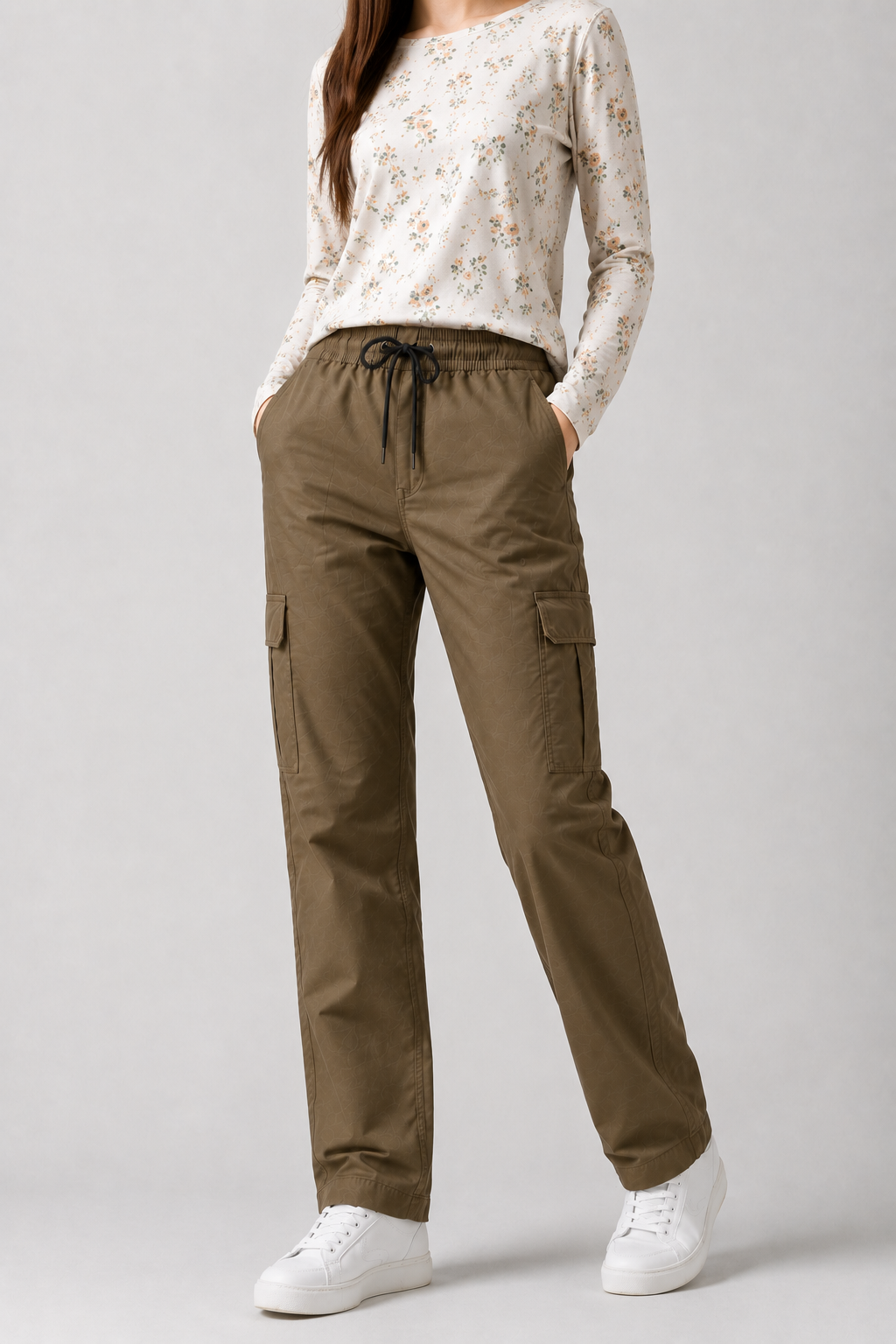 Women’s Cotton Twill Cargo Pants Loose Fit 6 Pocket Casual Trousers with Drawstring Waist – Olive Brown, Camel Khaki & Skin Cream | Nivora Jeans Collections