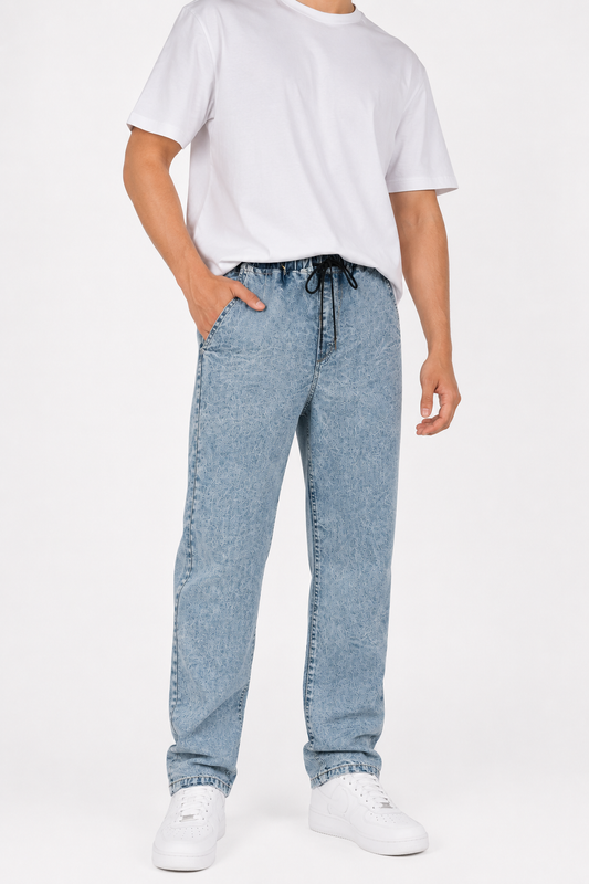 Light blue loose fit stretch denim jeans pants showing premium stone washed finish
