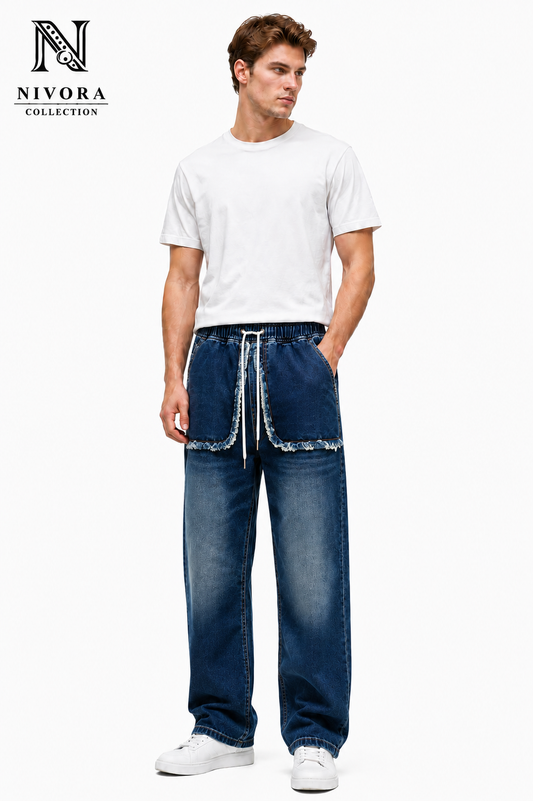 Baggy Faded Thread Front Pocket Blue Stone Denim Jeans for Men | Loose Fit Denim Jeans Pants | Premium Casual Streetwear Denim Trousers | Nivora Jeans Collections