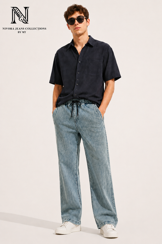 Nivora Men's Ice Blue Stone Wash Baggy Denim Jeans - Adjustable Drawstring Wide Leg Relaxed Fit Light Wash Jeans