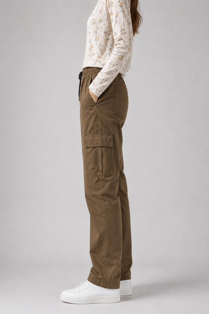 Women’s Cotton Twill Cargo Pants Loose Fit 6 Pocket Casual Trousers with Drawstring Waist – Olive Brown, Camel Khaki & Skin Cream | Nivora Jeans Collections