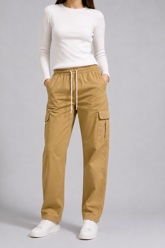 Women’s Cotton Twill Cargo Pants Loose Fit 6 Pocket Casual Trousers with Drawstring Waist – Olive Brown, Camel Khaki & Skin Cream | Nivora Jeans Collections