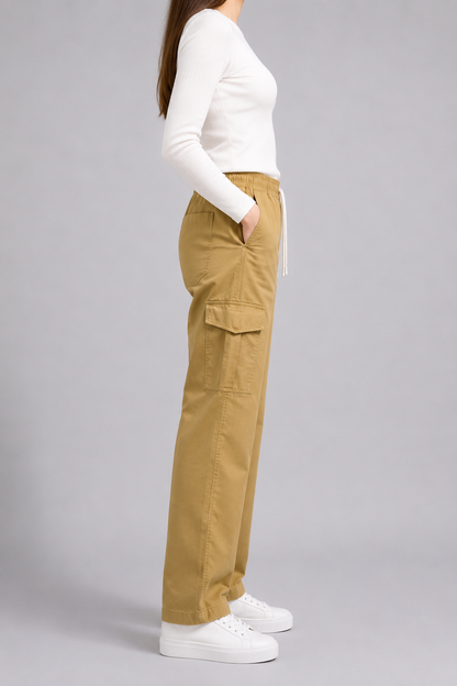 Women’s Cotton Twill Cargo Pants Loose Fit 6 Pocket Casual Trousers with Drawstring Waist – Olive Brown, Camel Khaki & Skin Cream | Nivora Jeans Collections