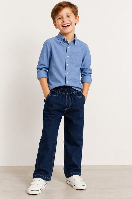 Kids Dark Blue Denim Jean Pants | Soft Elastic Waist Casual Jeans