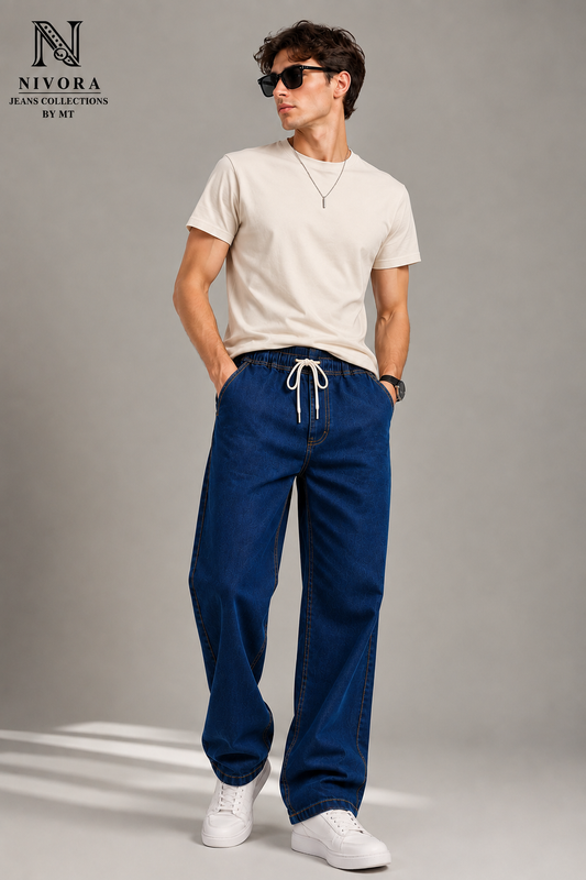 Men's Relaxed Fit Drawstring Denim Jeans Pants – Signature V Pocket Baggy Blue Denim Jeans Trousers | Nivora Jeans Collections
