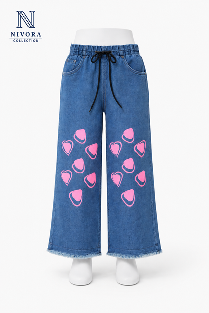 Nivora Collections Ladies Wide Leg Heart Printed Denim Jeans Dark Blue