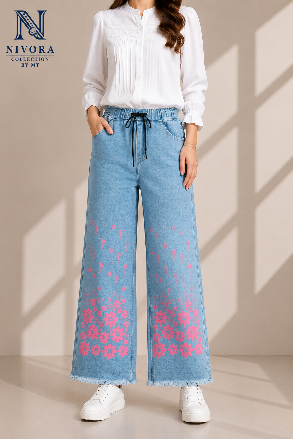 Girls & Women's Ice Blue Flower Printed Wide Leg Denim Jeans Pants by Nivora Jeans Collections