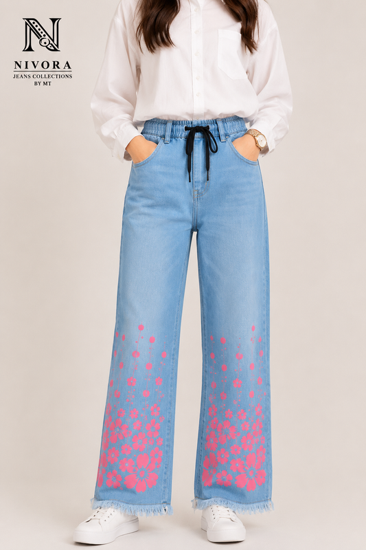 Nivora Collections Ladies White Leg Flower Printed Flapper Jeans – Sky Blue | Women's Wide Leg Denim Pants