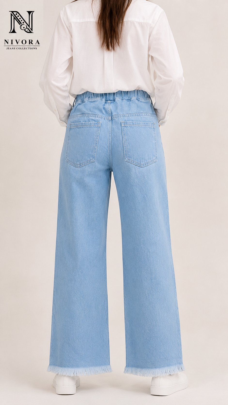 Nivora Collections Ladies White Leg Flower Printed Flapper Jeans – Sky Blue | Women's Wide Leg Denim Pants