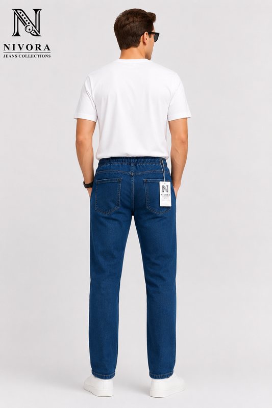 Men's Slim Fit Blue Stretch Denim Jeans Back View Premium Narrow Fit