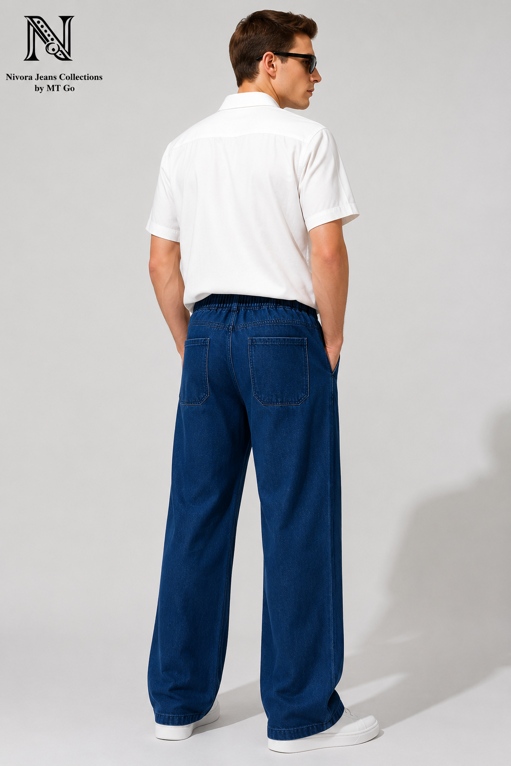 Nivora Men's Baggy Furr Front Pocket Stone Wash Denim Jeans - Adjustable Drawstring Wide Leg Baggy Fit (Light Blue & Dark Blue)