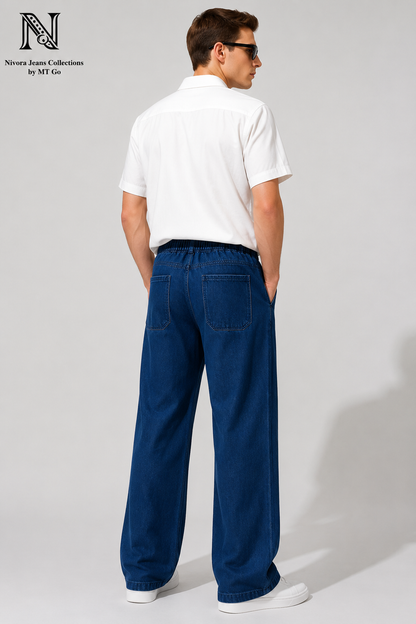 Nivora Men's Baggy Furr Front Pocket Stone Wash Denim Jeans - Adjustable Drawstring Wide Leg Baggy Fit (Light Blue & Dark Blue)