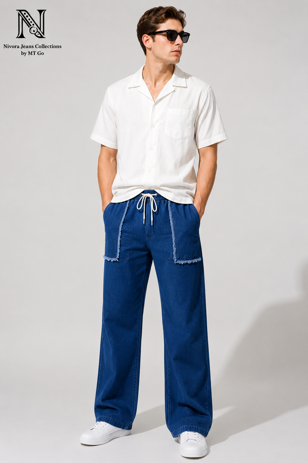 Nivora Men's Baggy Furr Front Pocket Stone Wash Denim Jeans - Adjustable Drawstring Wide Leg Baggy Fit (Light Blue & Dark Blue)