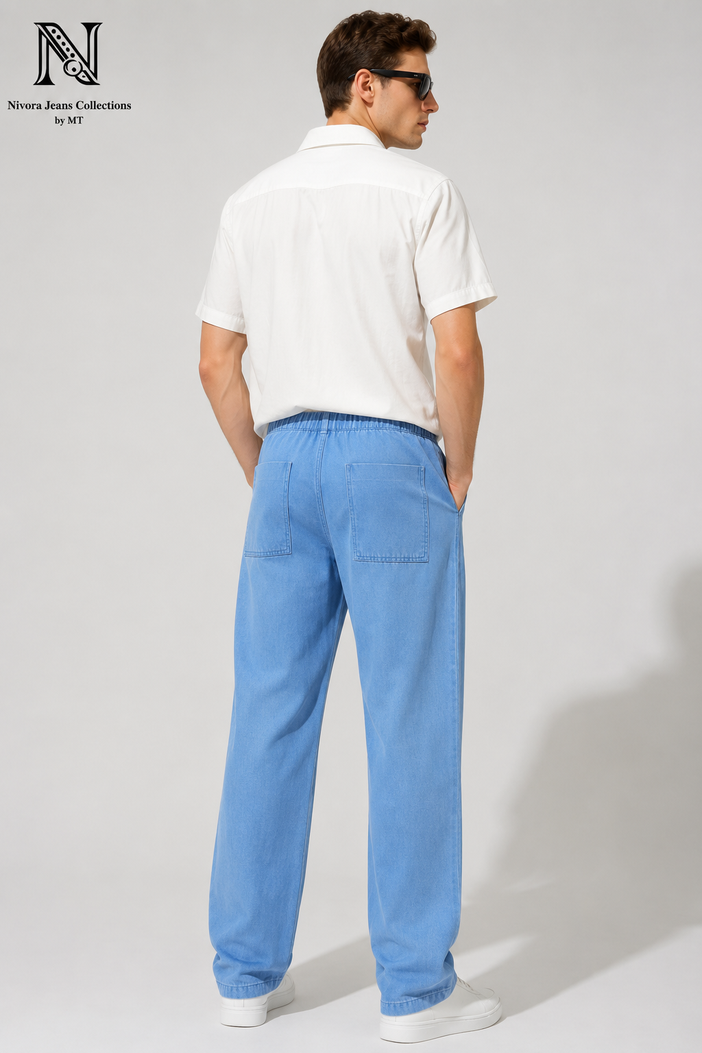 Nivora Men's Baggy Furr Front Pocket Stone Wash Denim Jeans - Adjustable Drawstring Wide Leg Baggy Fit (Light Blue & Dark Blue)