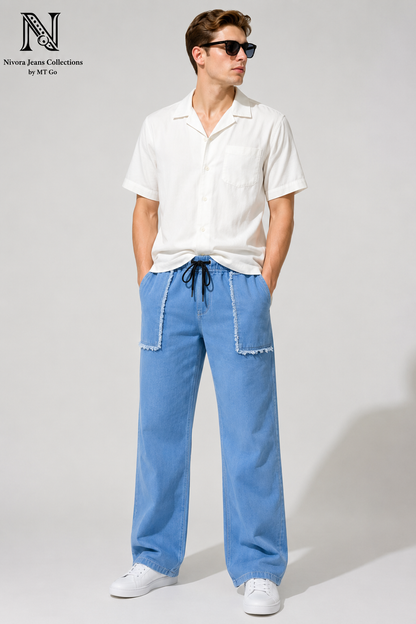 Nivora Men's Baggy Furr Front Pocket Stone Wash Denim Jeans - Adjustable Drawstring Wide Leg Baggy Fit (Light Blue & Dark Blue)