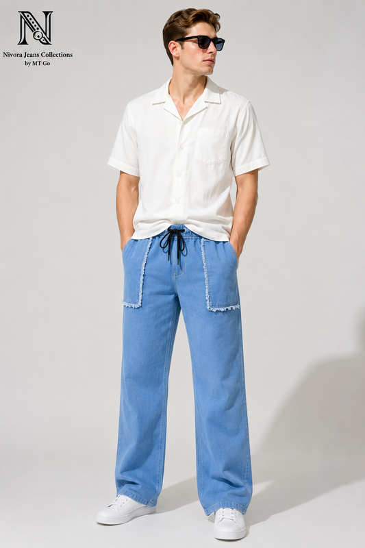Nivora Men's Baggy Furr Front Pocket Stone Wash Denim Jeans - Adjustable Drawstring Wide Leg Baggy Fit (Light Blue & Dark Blue)
