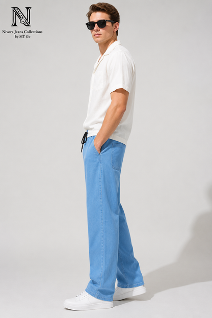 Nivora Men's Baggy Furr Front Pocket Stone Wash Denim Jeans - Adjustable Drawstring Wide Leg Baggy Fit (Light Blue & Dark Blue)