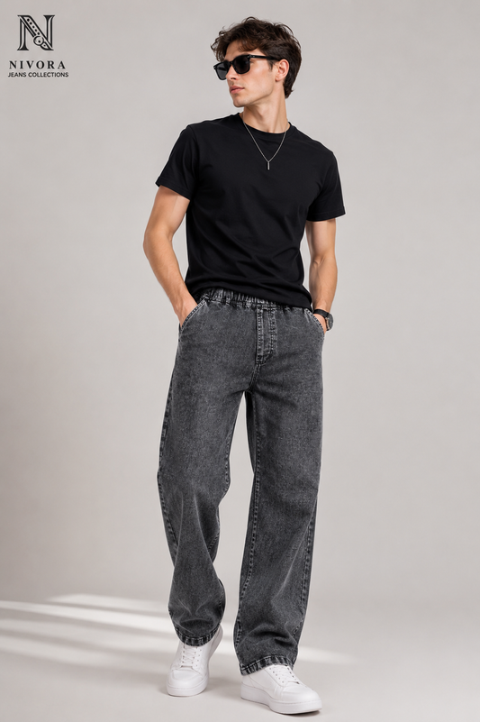 Nivora Jeans Men's Biglee Grey Stone Wash Baggy Denim Jeans – Adjustable Drawstring Wide Leg Relaxed Fit Casual Jeans