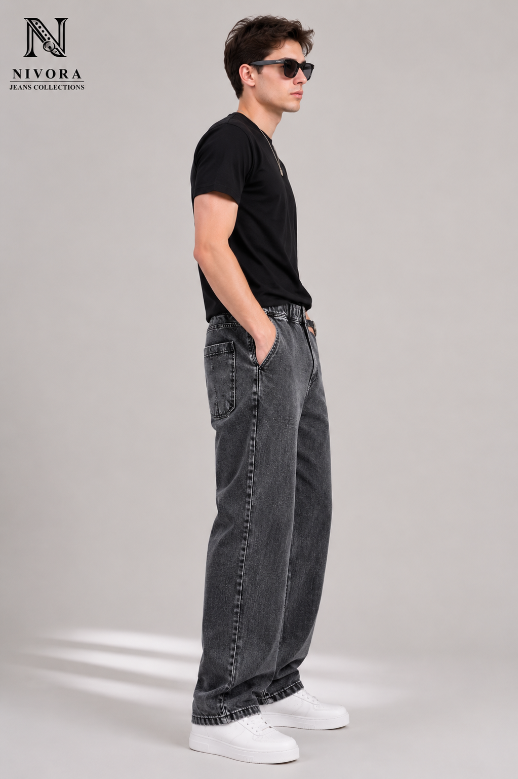 Nivora Jeans Men's Biglee Grey Stone Wash Baggy Denim Jeans – Adjustable Drawstring Wide Leg Relaxed Fit Casual Jeans