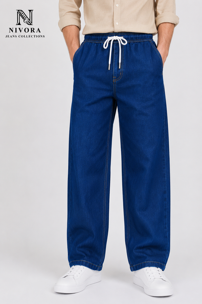 Nivora Signature V-Stitch Baggy Drawstring Denim Jeans for Men | Relaxed Fit Deep Blue Adjustable Waist Casual Streetwear