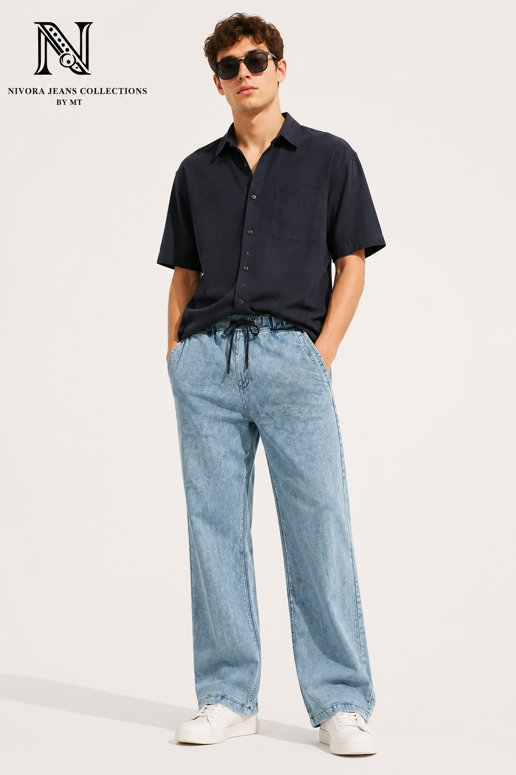 Nivora Men's Ice Blue Stone Wash Baggy Denim Jeans - Adjustable Drawstring Wide Leg Relaxed Fit Light Wash Jeans
