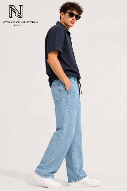 Nivora Men's Ice Blue Stone Wash Baggy Denim Jeans - Adjustable Drawstring Wide Leg Relaxed Fit Light Wash Jeans