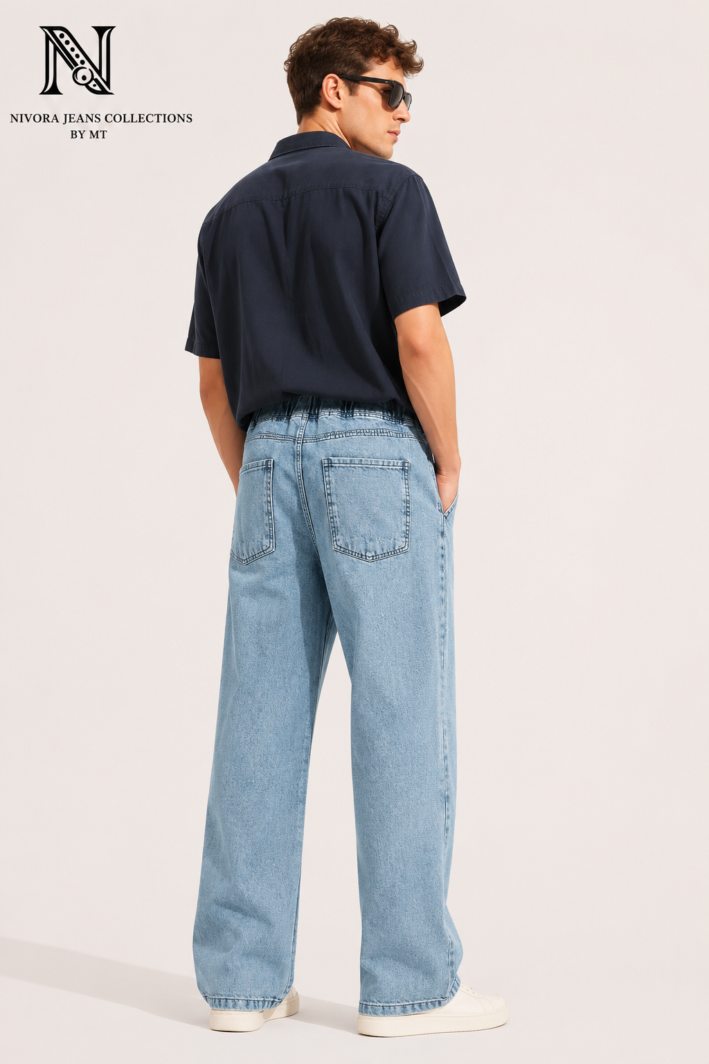 Nivora Men's Ice Blue Stone Wash Baggy Denim Jeans - Adjustable Drawstring Wide Leg Relaxed Fit Light Wash Jeans