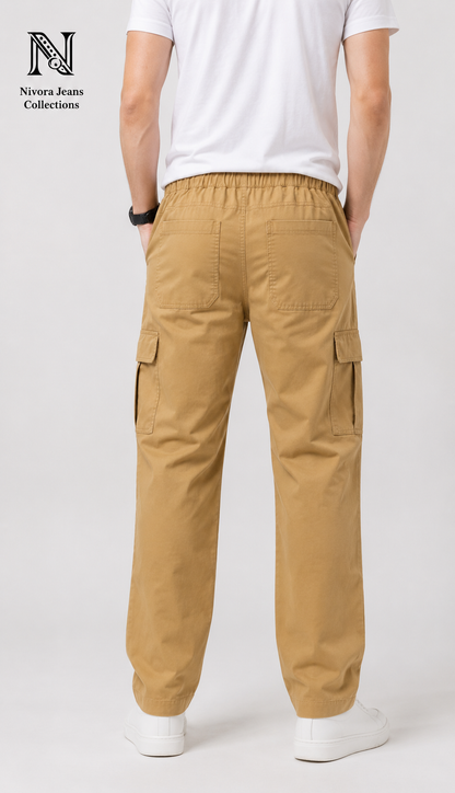 Nivora Jeans Camel Twill Cotton Cargo Pants for Men | 6 Pocket Drawstring Relaxed Fit Utility Trousers