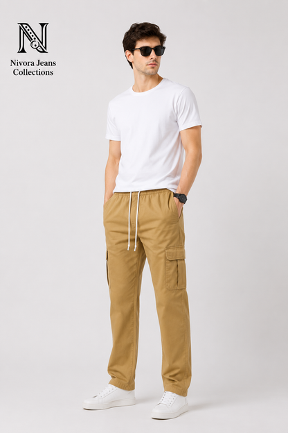 Nivora Jeans Camel Twill Cotton Cargo Pants for Men | 6 Pocket Drawstring Relaxed Fit Utility Trousers