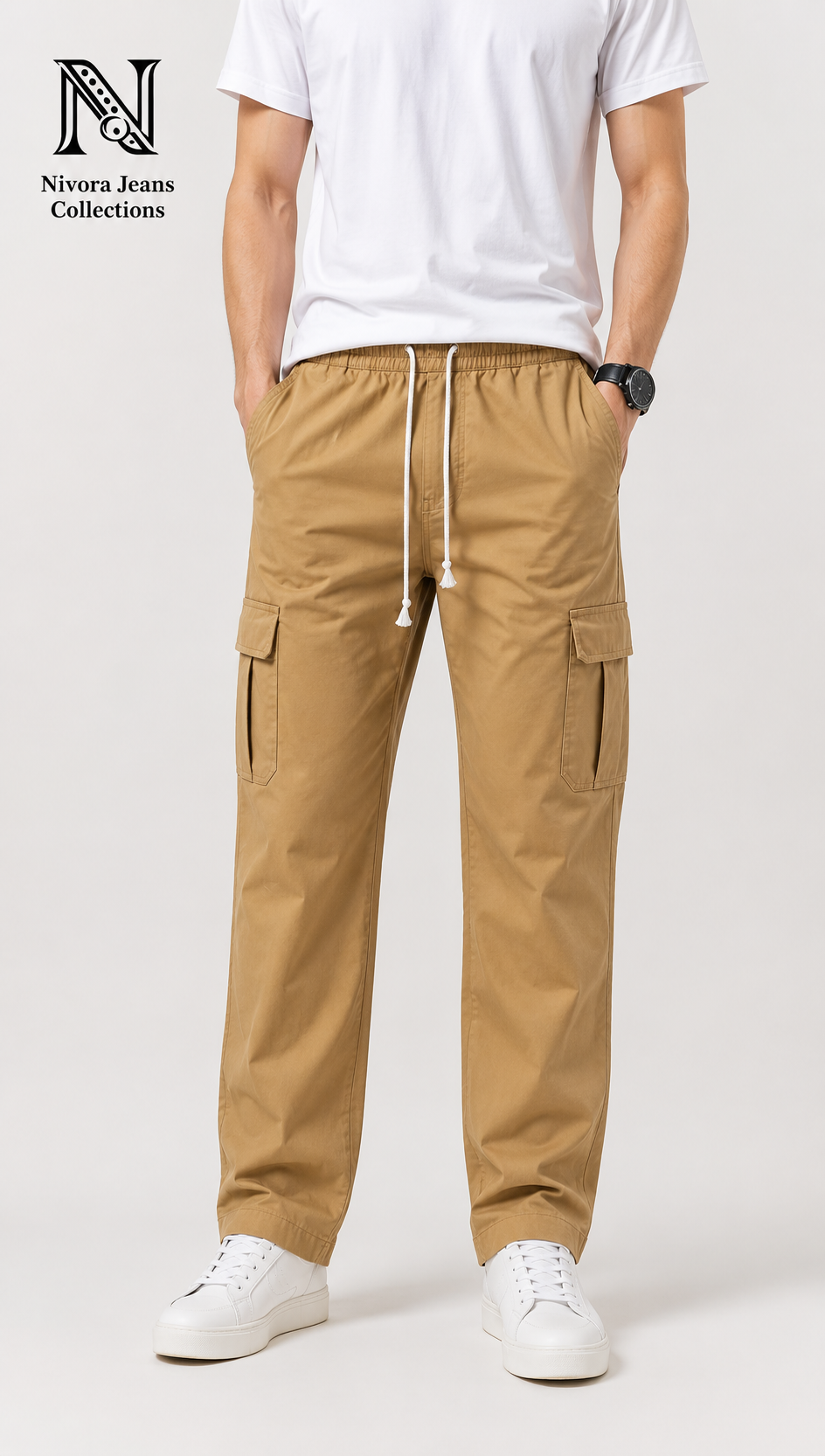 Nivora Jeans Camel Twill Cotton Cargo Pants for Men | 6 Pocket Drawstring Relaxed Fit Utility Trousers