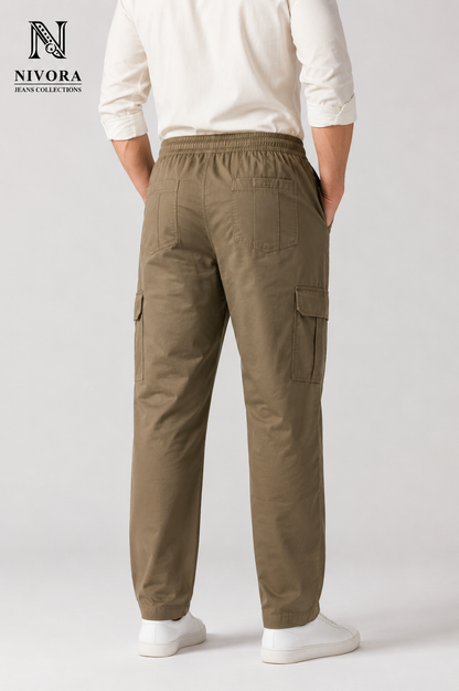 Nivora Jeans 6 Pocket Twill Cotton Cargo Pants for Men | Relaxed Fit Drawstring Utility Trousers Adjustable Waist