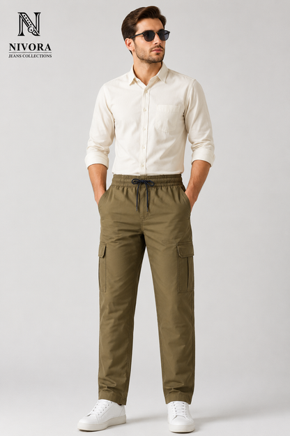 Nivora Jeans 6 Pocket Twill Cotton Cargo Pants for Men | Relaxed Fit Drawstring Utility Trousers Adjustable Waist