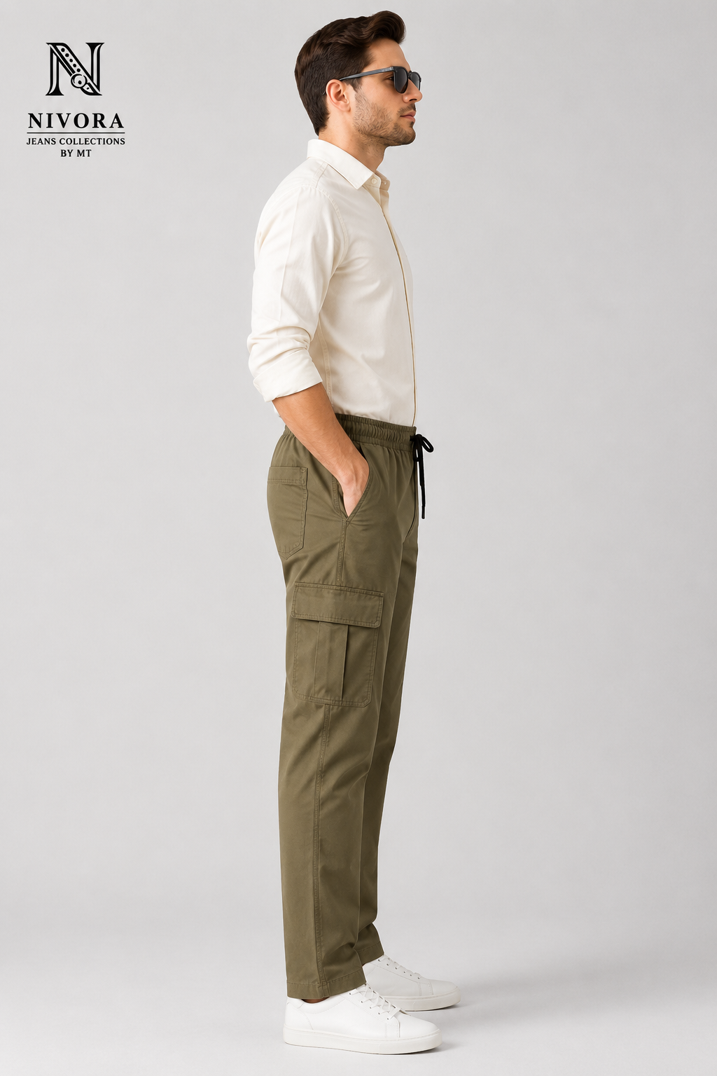 Nivora Jeans 6 Pocket Twill Cotton Cargo Pants for Men | Relaxed Fit Drawstring Utility Trousers Adjustable Waist