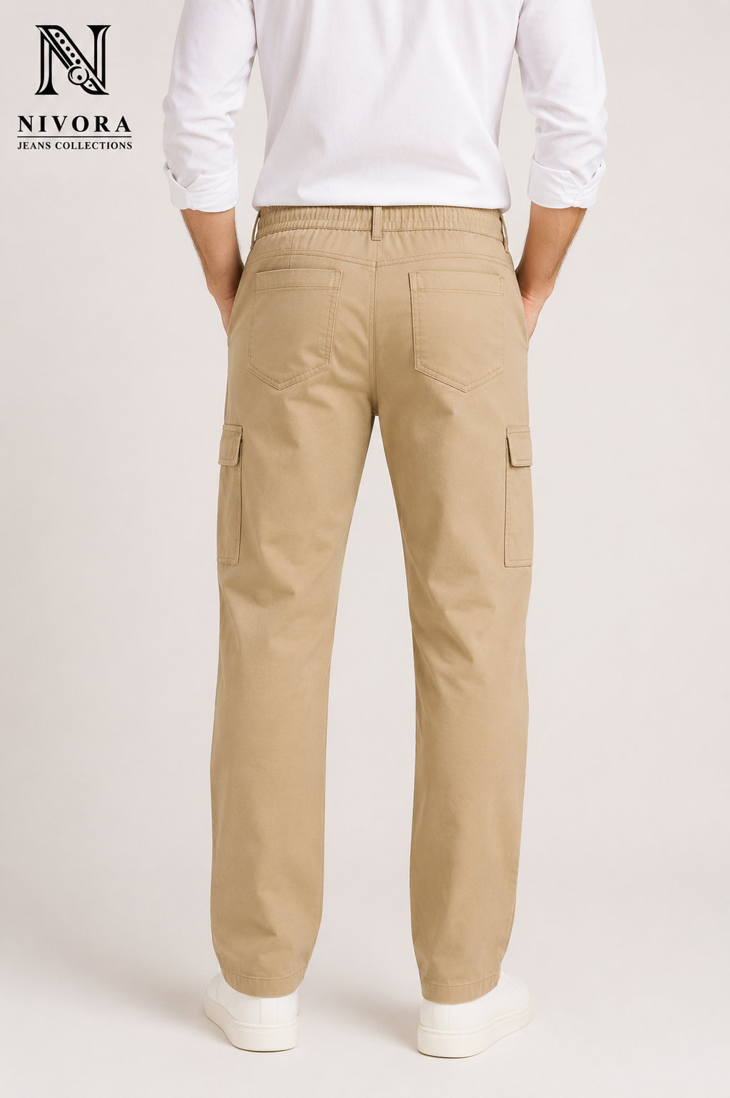 Men's Khaki Cargo Twill Cotton Pants - 6 Pocket Drawstring Casual Cargo Trousers | Free Size (30-38) | Nivora Jeans Collections