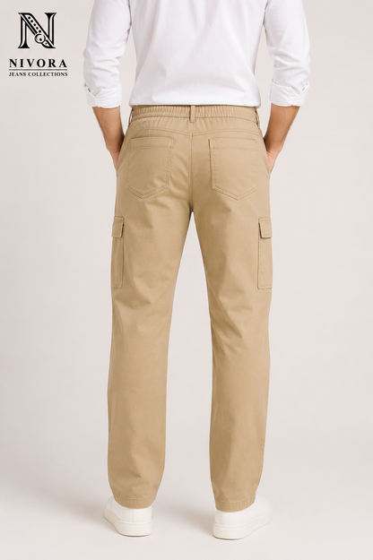 Men's Khaki Cargo Twill Cotton Pants - 6 Pocket Drawstring Casual Cargo Trousers | Free Size (30-38) | Nivora Jeans Collections