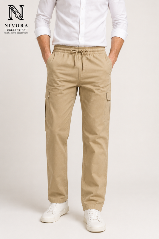 Men's Khaki Cargo Twill Cotton Pants - 6 Pocket Drawstring Casual Cargo Trousers | Free Size (30-38) | Nivora Jeans Collections