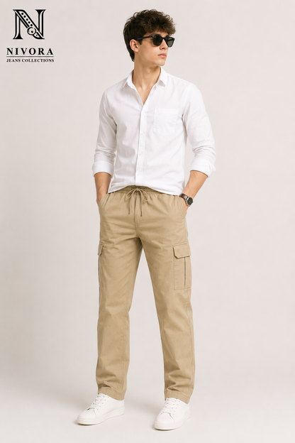 Men's Khaki Cargo Twill Cotton Pants - 6 Pocket Drawstring Casual Cargo Trousers | Free Size (30-38) | Nivora Jeans Collections