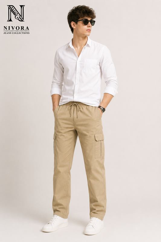 Men's Khaki Cargo Twill Cotton Pants - 6 Pocket Drawstring Casual Cargo Trousers | Free Size (30-38) | Nivora Jeans Collections