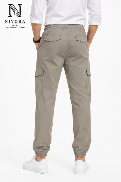 Men's Light Ash Grey Cargo Twill Cotton Jogger Pants - 6 Pocket Elastic Bottom Drawstring Casual Trousers | Free Size (30-38) | Nivora Jeans Collections