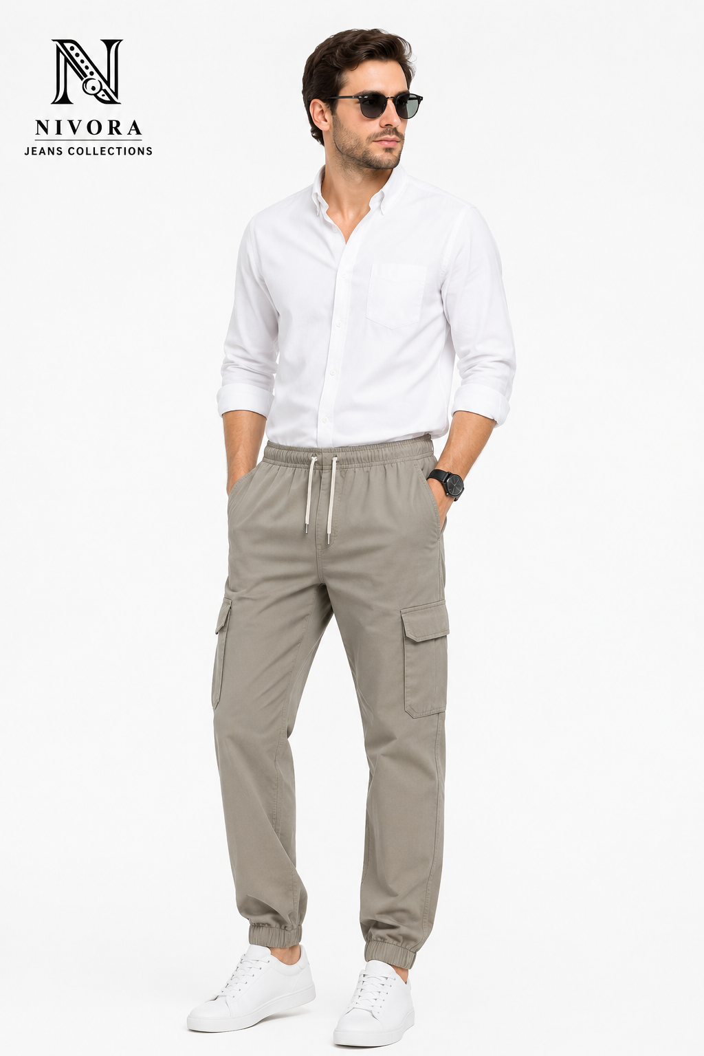 Men's Light Ash Grey Cargo Twill Cotton Jogger Pants - 6 Pocket Elastic Bottom Drawstring Casual Trousers | Free Size (30-38) | Nivora Jeans Collections